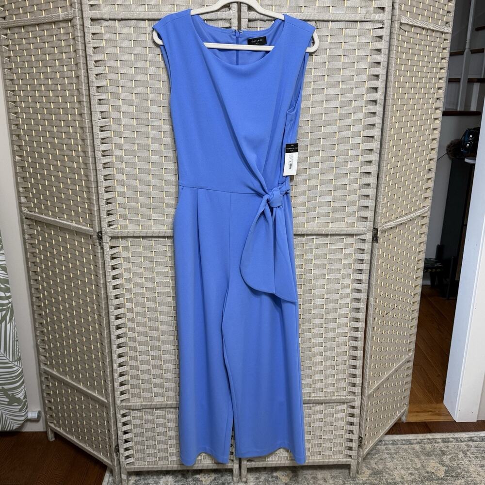 Tahari ASL Scuba Crepe Side Knot Jumpsuit Women’s Size 12 Blue Crop Wide Leg NEW - Picture 2 of 12